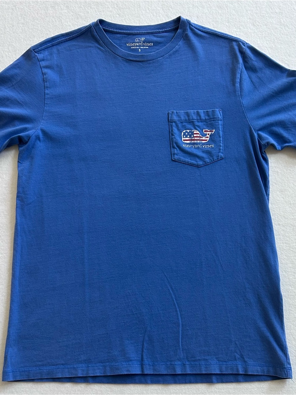 Vineyard Vines Royal Blue Pocket Tee with American Flag Whale